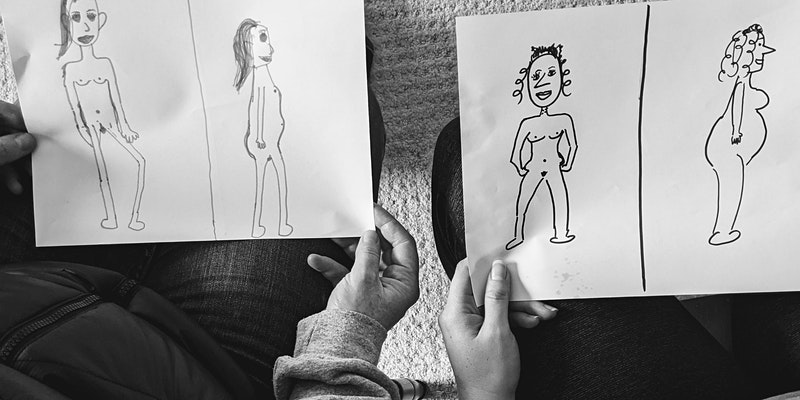 Women are holding exaggerated images they've drawn of themselves.